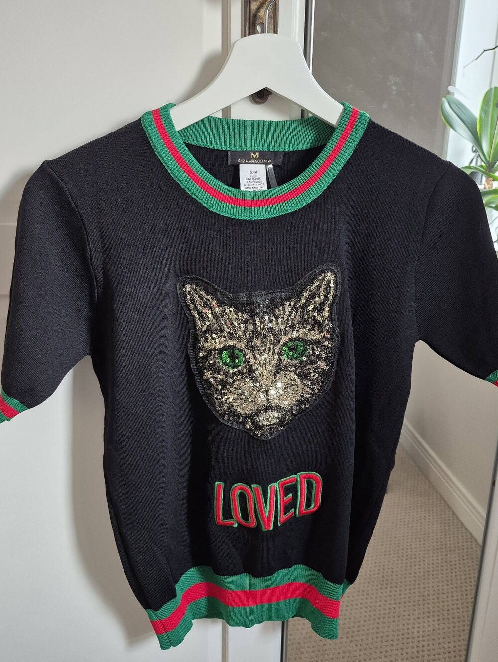 Sparkly M Collection Cat Cropped Red Green Stripe Short Sleeve Top XS
